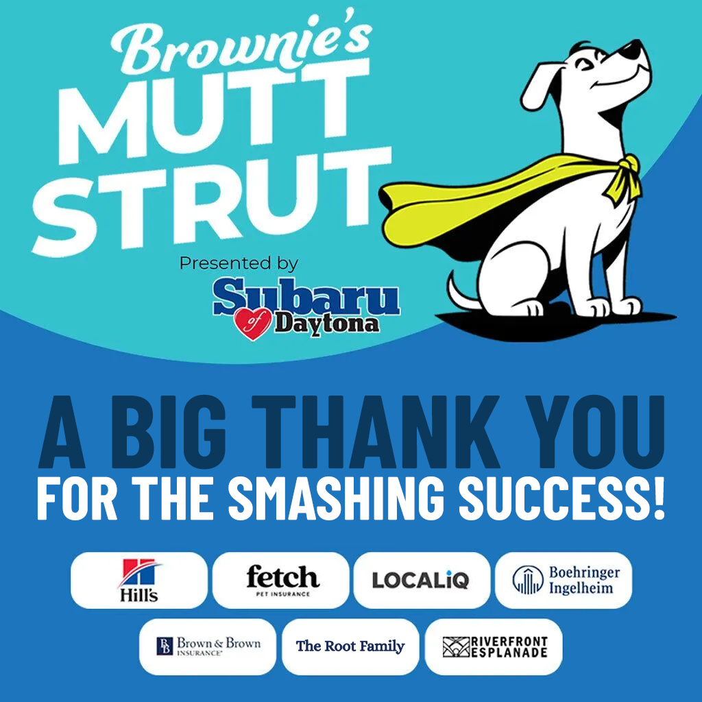 Brownie's Mutt Strut - Sponsored by Subaru of Daytona - A big thank you for the smashing success - Hills logo - Fetch logo - LocalIG logo - Boehringer Ingelheim logo - Brown & Brown Insurance logo - The Root Family logo - Riverfront Esplanade logo