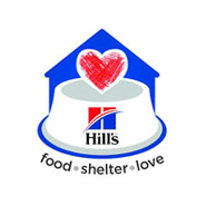 Hills logo - food, shelter, love - heart above a dog food bowl over a house silhouette